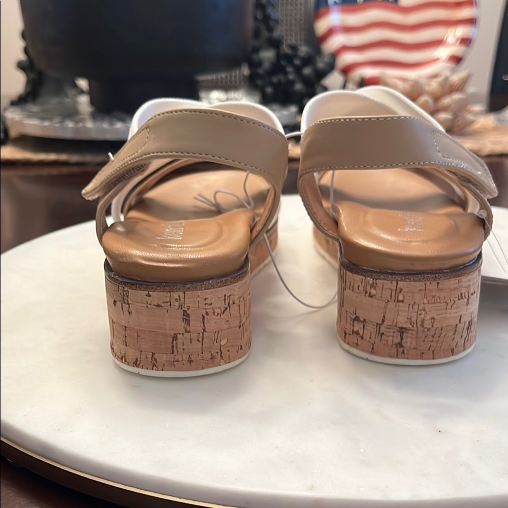 New Kenzie White and Tan Women's Cork Wedge Sandals - Picture 4 of 4